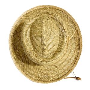 Far East All Natural Woven Sun Hat Boho Leather Chin Strap Wide Brim Sweatband